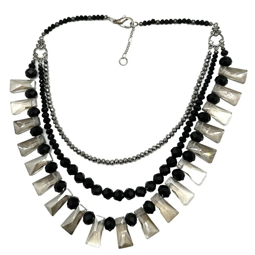 Vintage Crystal Collar Necklace Black Smoky Bead Multi Strand Statement 18